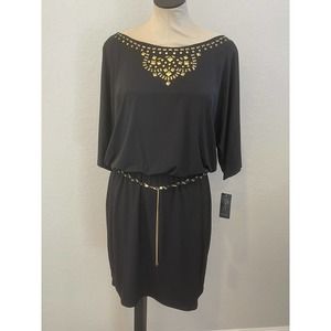 Thalia Sodi Dress Large Black Studded Belted Slit Sleeves Sheath Womens NWT